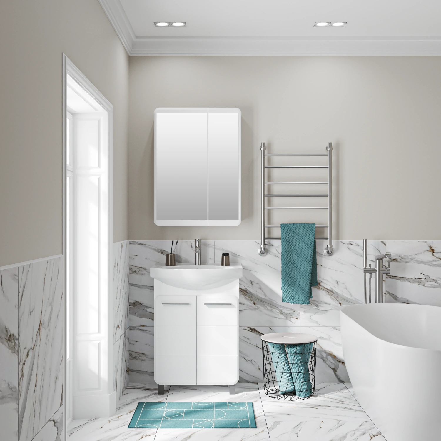 Тумба напольная Runo Эрика 60 с раковиной Элеганс 60, белый от магазина Vanna-Vanna.ru!