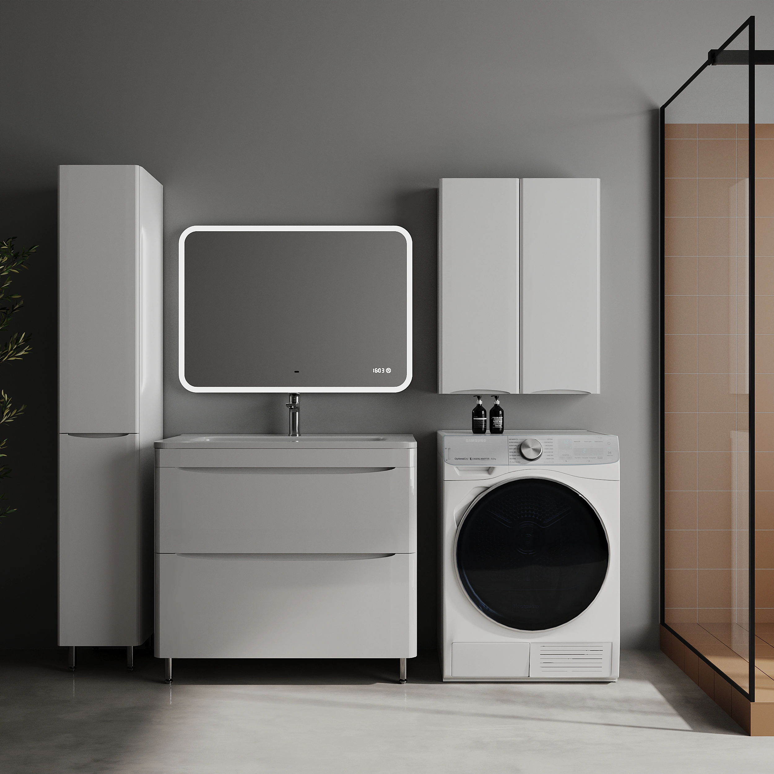 Тумба напольная Style Line Бергамо мини 90 (2 ящ.) антискрейтч белый глянец с раковиной Каре Люкс МИНИ 900х350 от магазина Vanna-Vanna.ru!