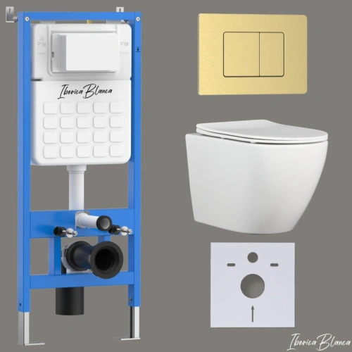 Комплект 3в1 IBERICA BLANCA инсталляция SILENCIO, унитаз BILBAO ALTO белый, кнопка смыва INOX-C золото матовое (IB001.BLA.231.1150) от магазина Vanna-Vanna.ru!