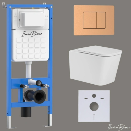 Комплект 3в1 IBERICA BLANCA инсталляция SILENCIO, унитаз TOLEDO ALTO белый, кнопка смыва INOX-C розовое золото матовое (IB001.TLA.231.1172) от магазина Vanna-Vanna.ru!