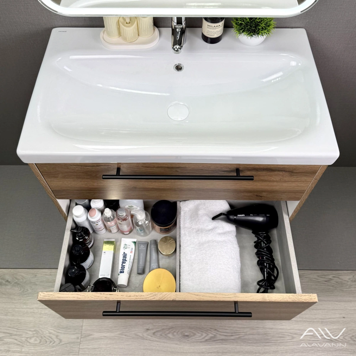 Тумба подвесная Alavann Rondo 80 с раковиной Moduo 80, дуб от магазина Vanna-Vanna.ru!