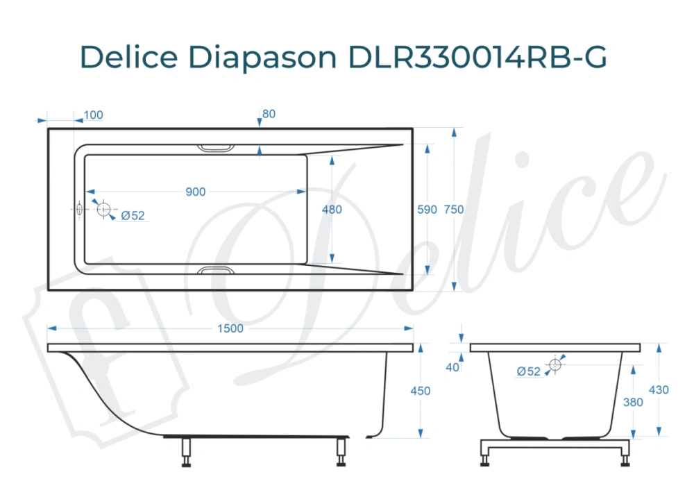 Ванна из литьевого мрамора Delice Diapason 150х75 глянцевая с черными ручками DLR330014RB-G от магазина Vanna-Vanna.ru!