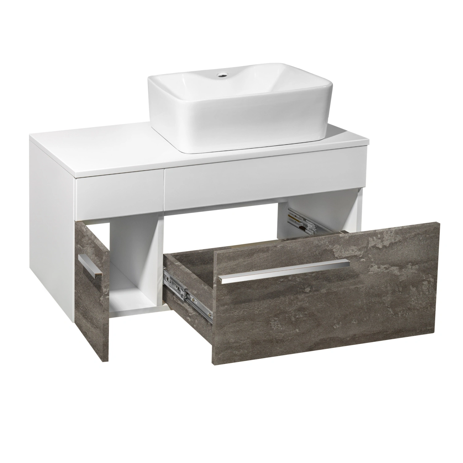 Тумба подвесная Runo Вудлайн 85 железный камень/белый под накладную раковину от магазина Vanna-Vanna.ru!