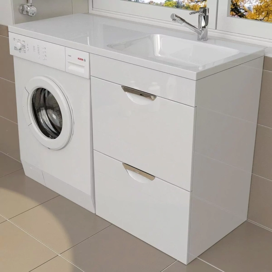 Тумба напольная Emmy Милли 57 с раковиной Аванти 120 R под стиральную машину, с 2-я ящиками, правая, белая