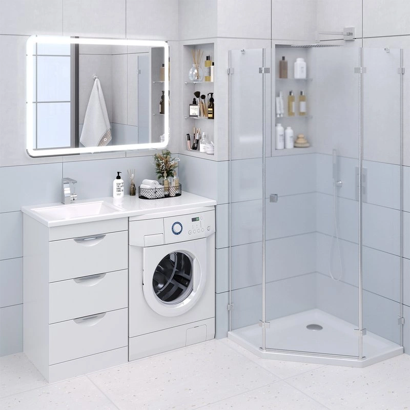 Тумба напольная Emmy Милли 47 с раковиной Аванти 110 L под стиральную машину, с 3-я ящиками, левая, белая