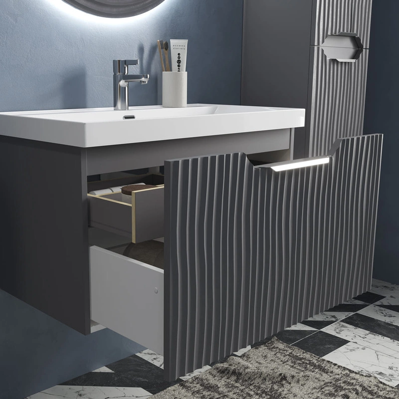 Тумба с раковиной EQUIL Mirage 80 подвесная, 1 ящик, графит софт