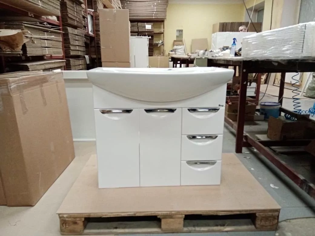 Тумба Emmy Милли 80 с раковиной Балтика 80 напольная, 3 ящика, 2 двери, белая