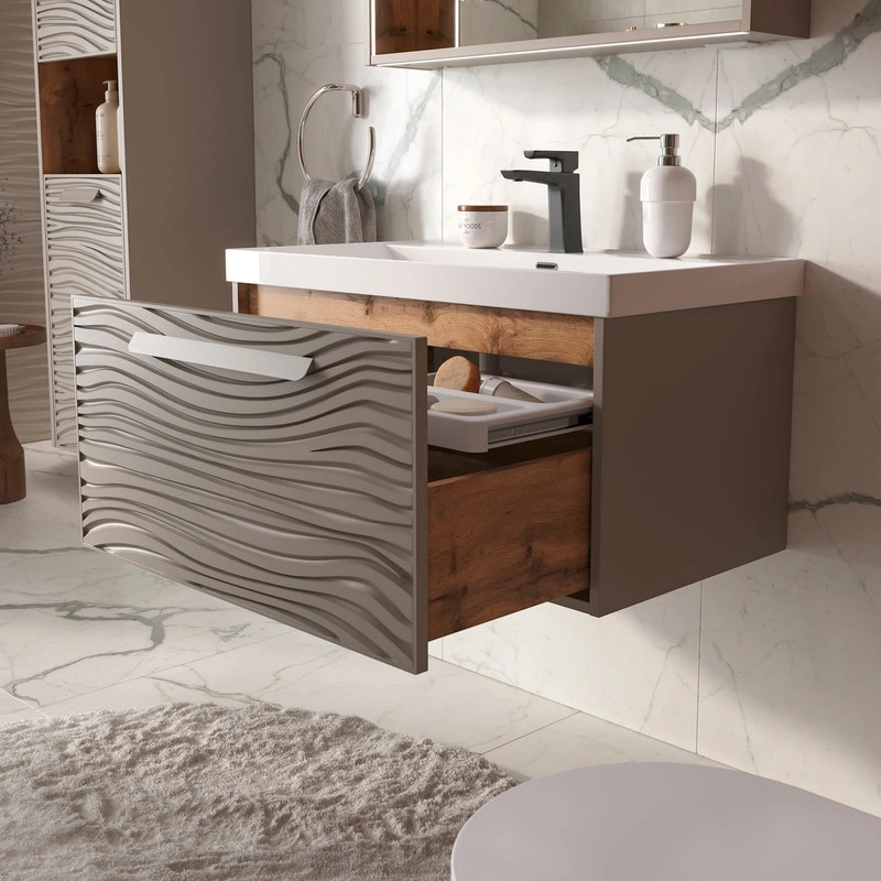 Тумба с раковиной EQUIL Gleam 80 подвесная, 1 ящик, амарок/дуб вотан