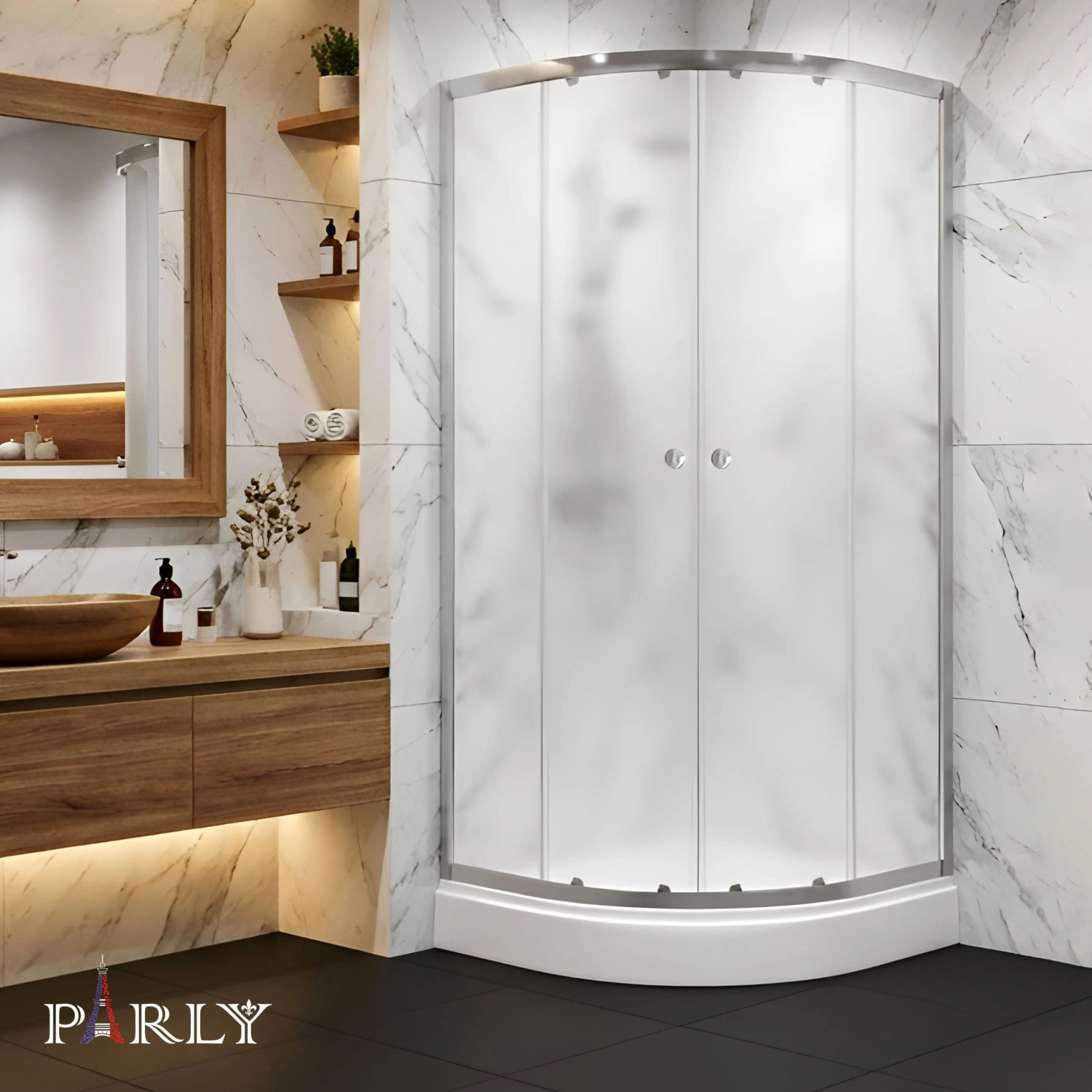 Душевой уголок Parly ZF81N  четверть круга, с низким поддоном, прозрачное стекло, хром матовый