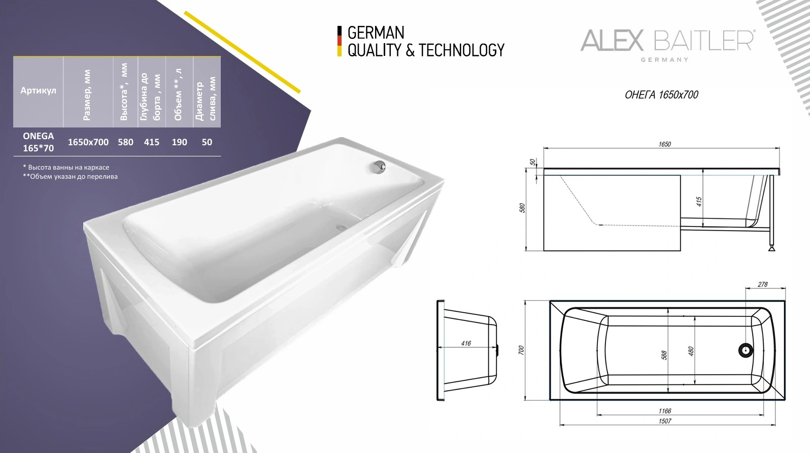 Ванна акриловая Alex Baitler Onega 165x70
