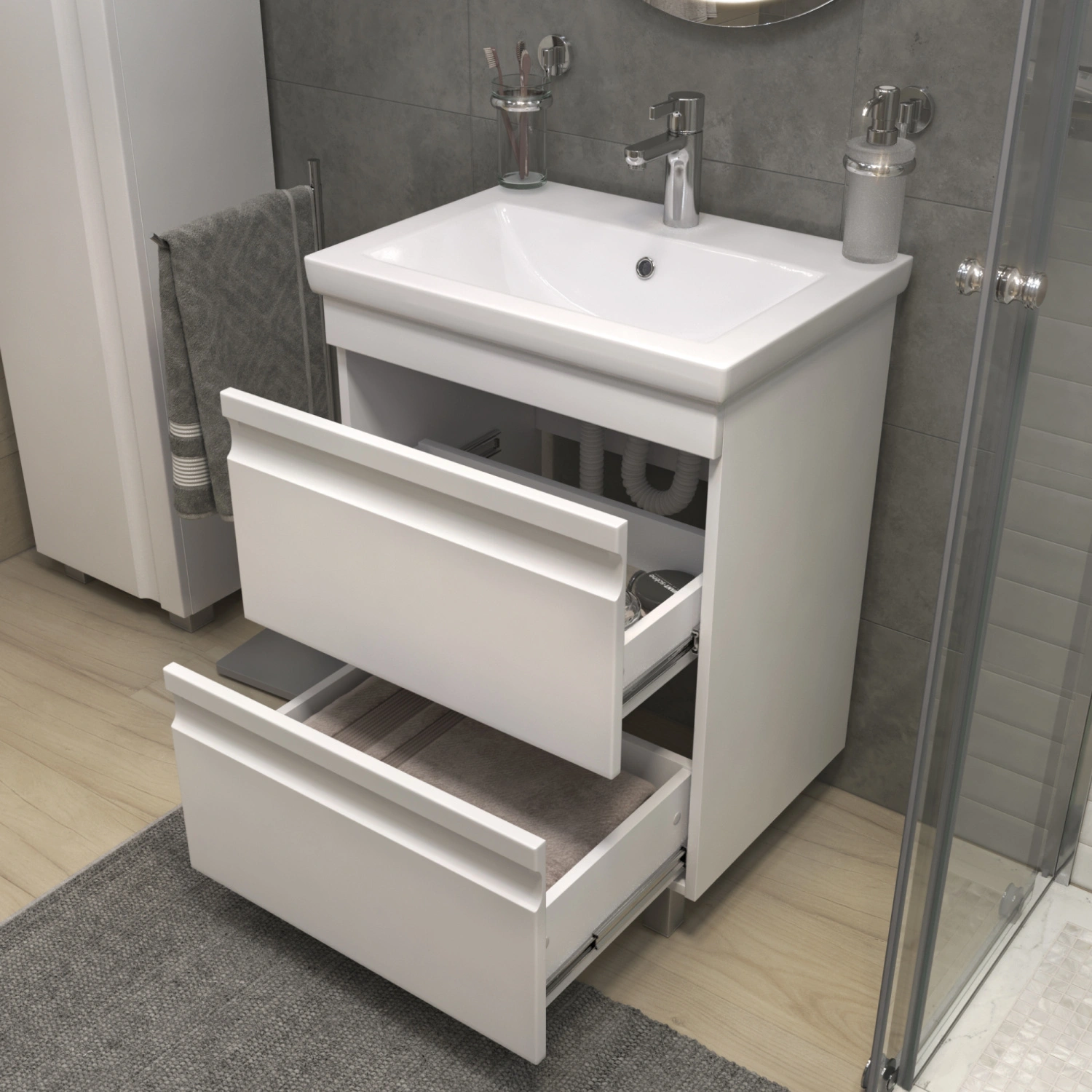 Тумба напольная Vigo Holly 60 с раковиной Como 60, 2 ящика, белый
