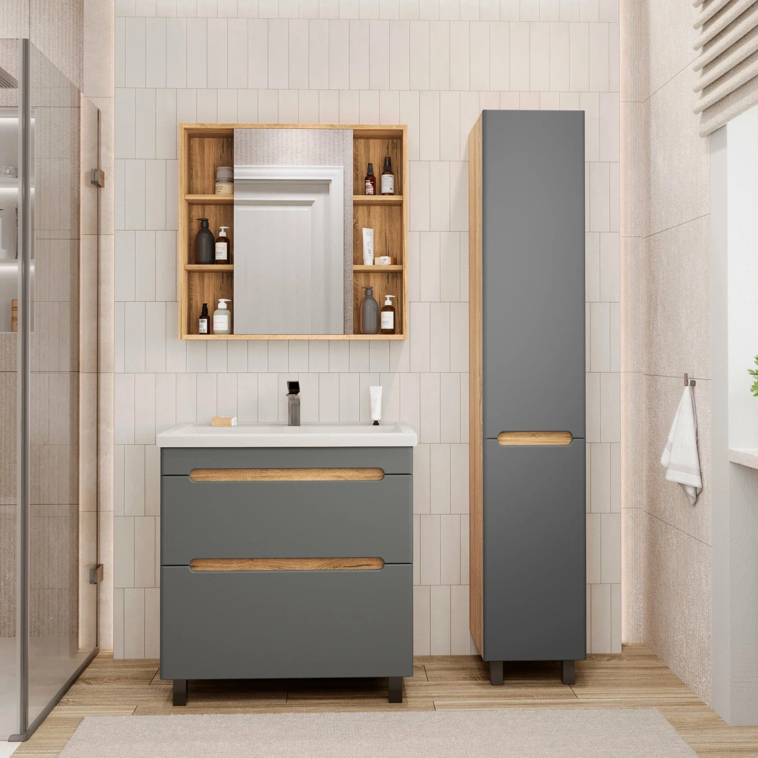 Тумба напольная SanStar Diva 80 с раковиной Como 80 Дуб вотан, графит софт