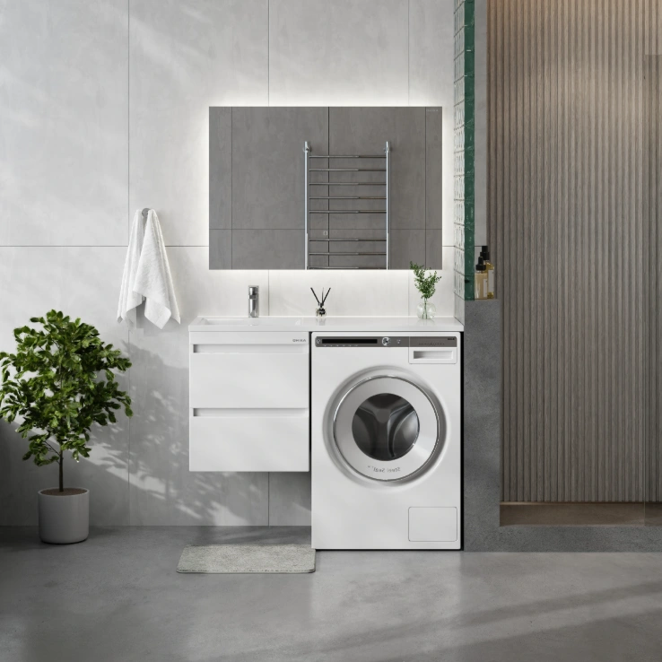 Тумба подвесная Onika Флэтон 38 с раковиной Марсал 100 под стиральную машину, L, белая