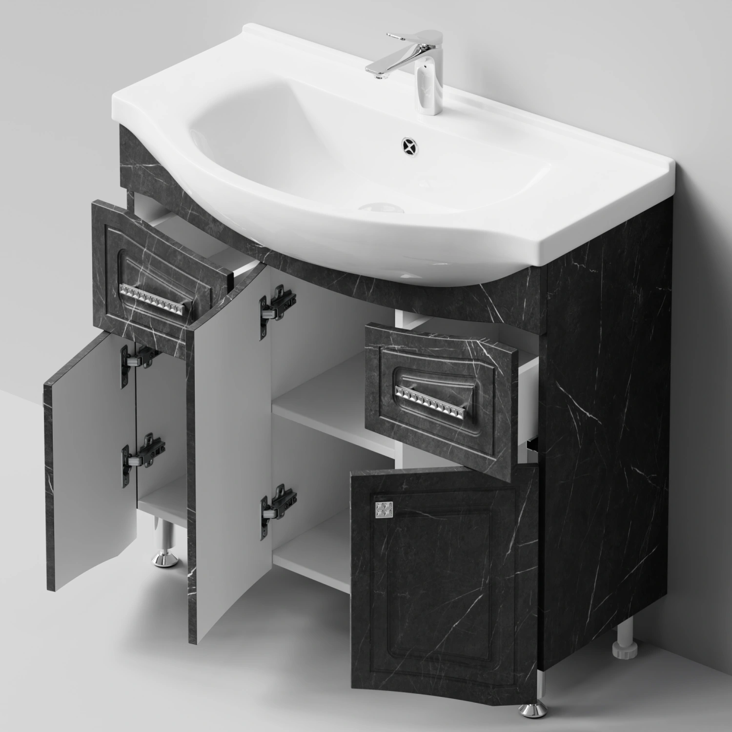 Тумба с раковиной Адам 90 напольная, Мрамор Графит софт тач, петли слева