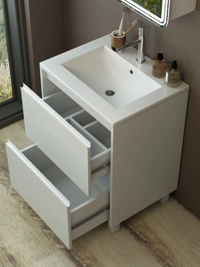 Тумба с раковиной Emmy Вега 50 напольная, 2 ящика, белый