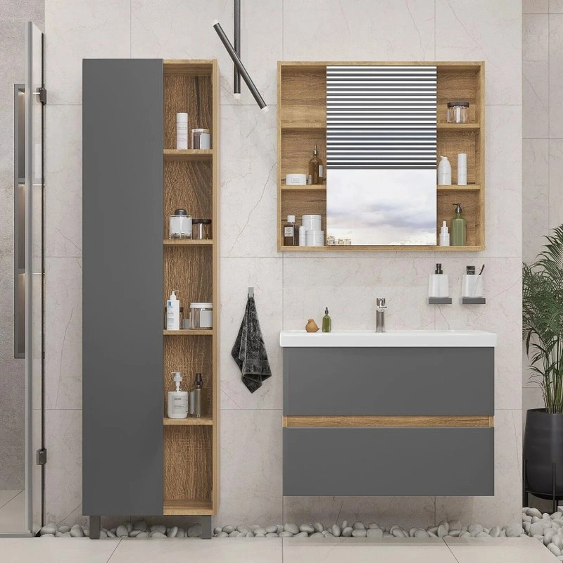 Пенал напольный/подвесной SanStar Graffa/Diva 50 R/L, с полками Дуб вотан, графит софт