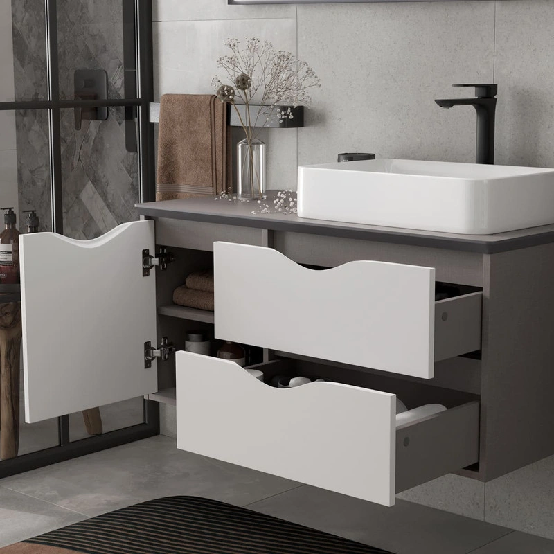 Тумба подвесная EQUIL Smile 40/60 столешница 100, раковина накладная Smile/Ferro, 2 ящика, белый/лен антрацит