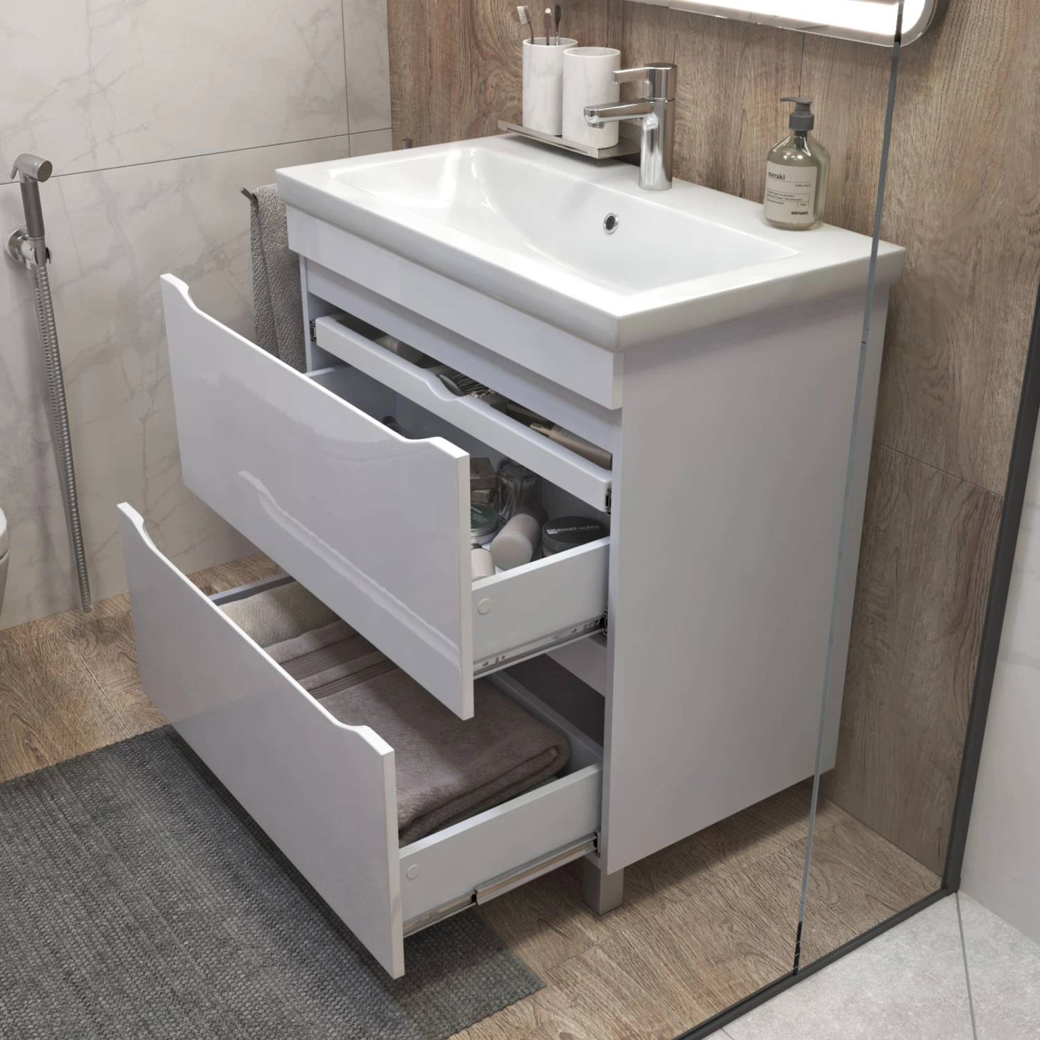 Тумба напольная Vigo Grani 800-0-2 с раковиной Como 80, 2 ящика, белый