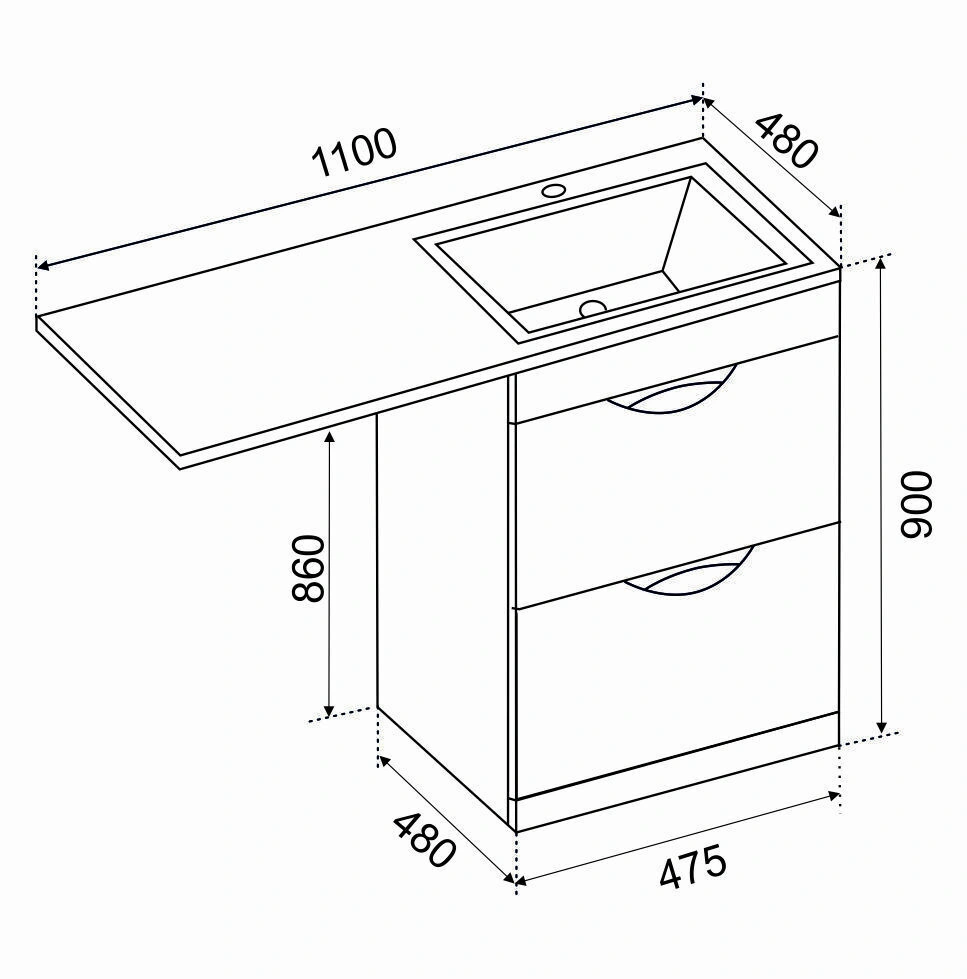 Тумба напольная Emmy Милли 47 с раковиной Аванти 110 R под стиральную машину, с 3-я ящиками, правая, белая