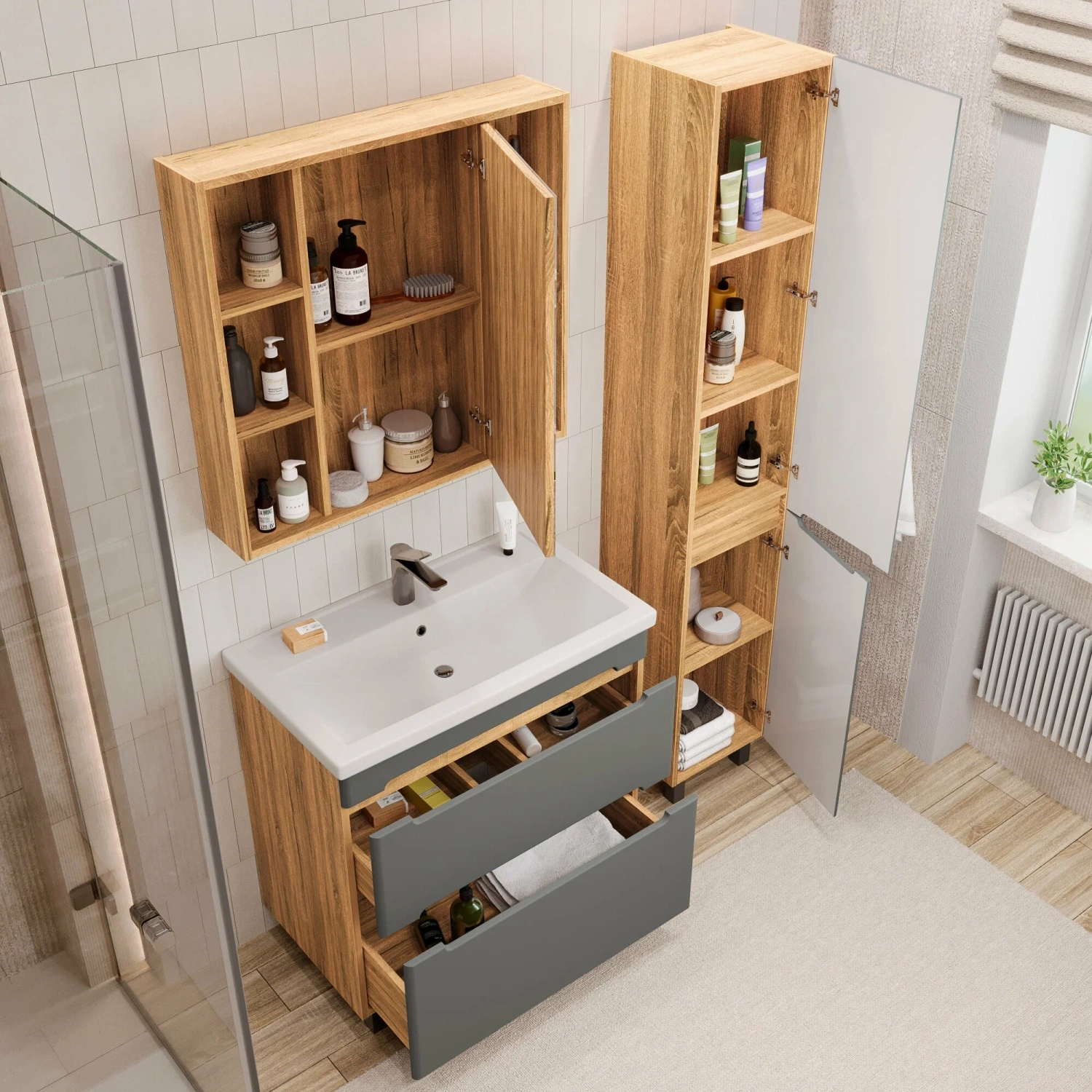 Тумба напольная SanStar Diva 80 с раковиной Como 80 Дуб вотан, графит софт