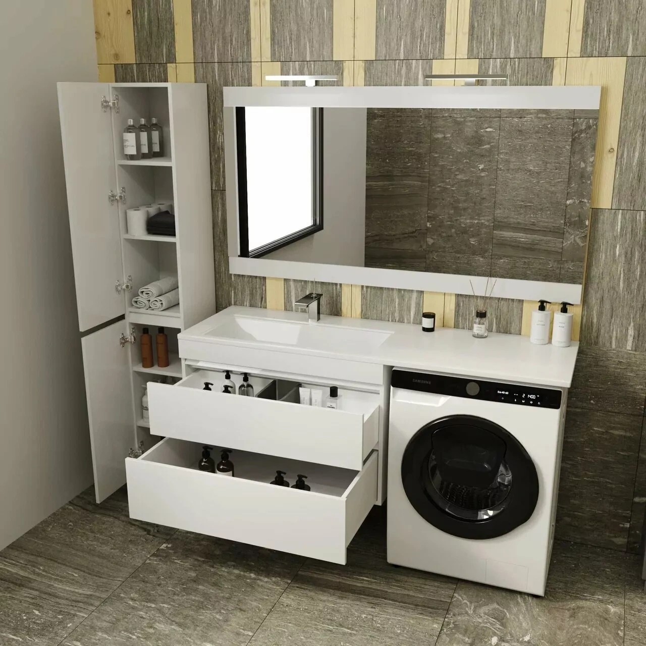 Тумба подвесная Style Line Даллас 150 люкс plus ПВХ с раковиной Даллас 150 под стиральную машину, 2 ящика, левая, белая