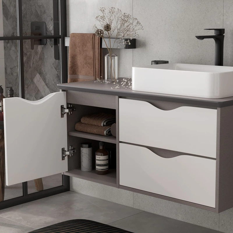 Тумба подвесная EQUIL Smile 40/60 столешница 100, раковина накладная Smile/Ferro, 2 ящика, белый/лен антрацит