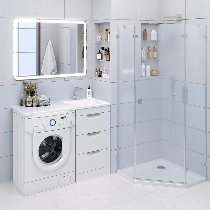 Тумба напольная Emmy Милли 47 с раковиной Аванти 110 R под стиральную машину, с 3-я ящиками, правая, белая