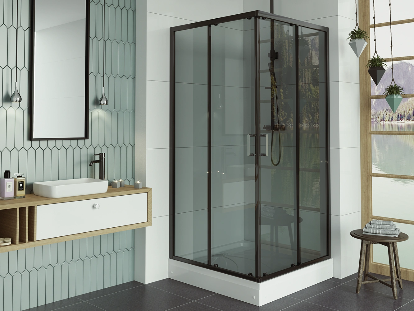 Душевой уголок Alex Baitler AB14100B2 100х100 квадратный, без поддона, тонированное стекло, черный