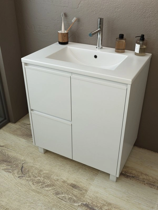 Тумба с раковиной Emmy Вега 70 напольная, 2 ящика, 1 дверь, белый