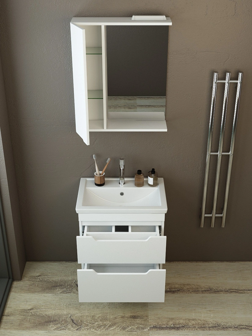 Тумба подвесная Emmy Агата 60 с раковиной Фостер 60, 2 ящика, белый