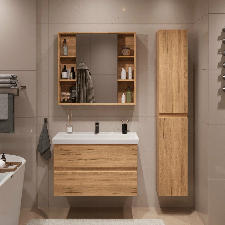 Тумба подвесная SanStar Lavanti 80 с раковиной Миранда 80 Дуб вотан