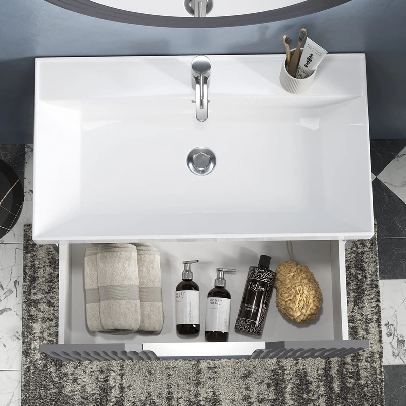 Тумба с раковиной EQUIL Mirage 80 подвесная, 1 ящик, графит софт