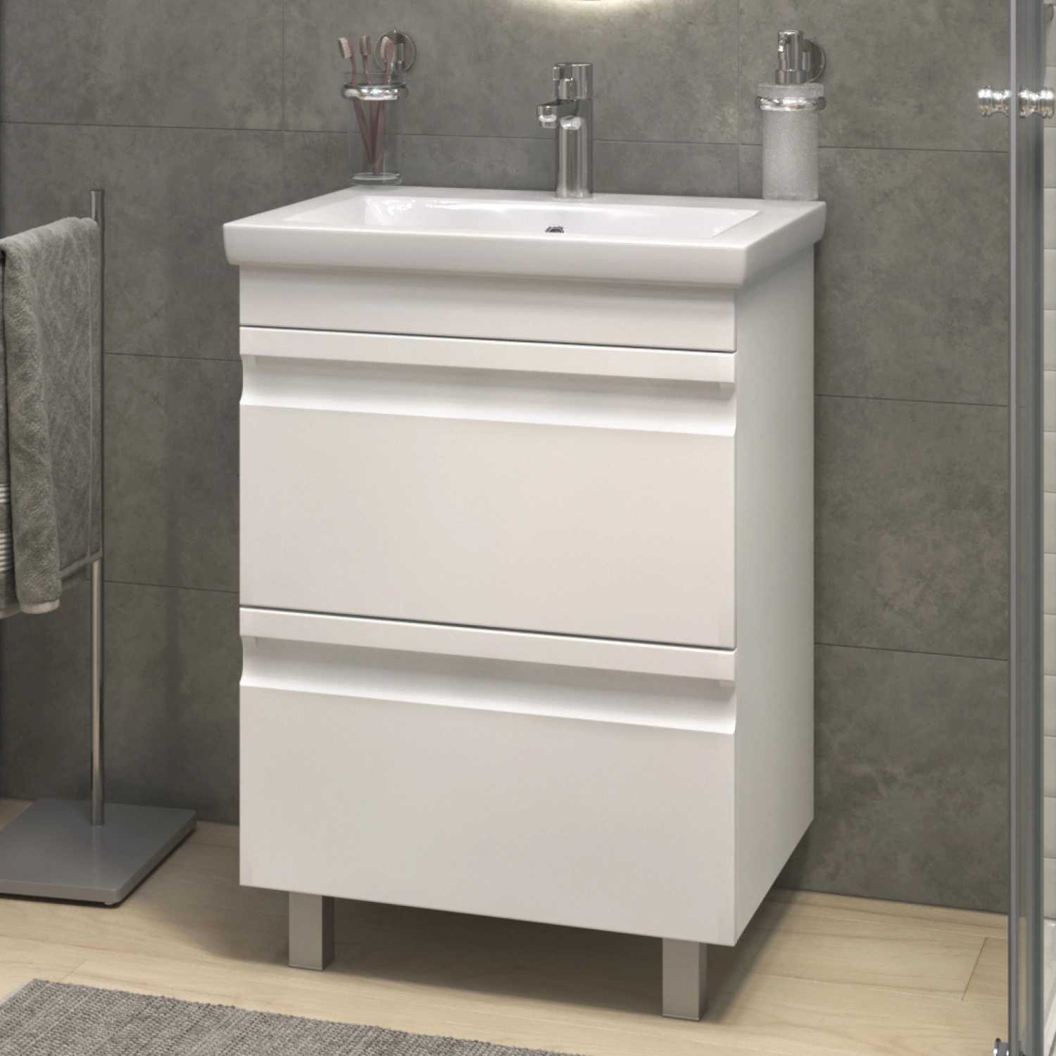 Тумба напольная Vigo Holly 60 с раковиной Como 60, 2 ящика, белый