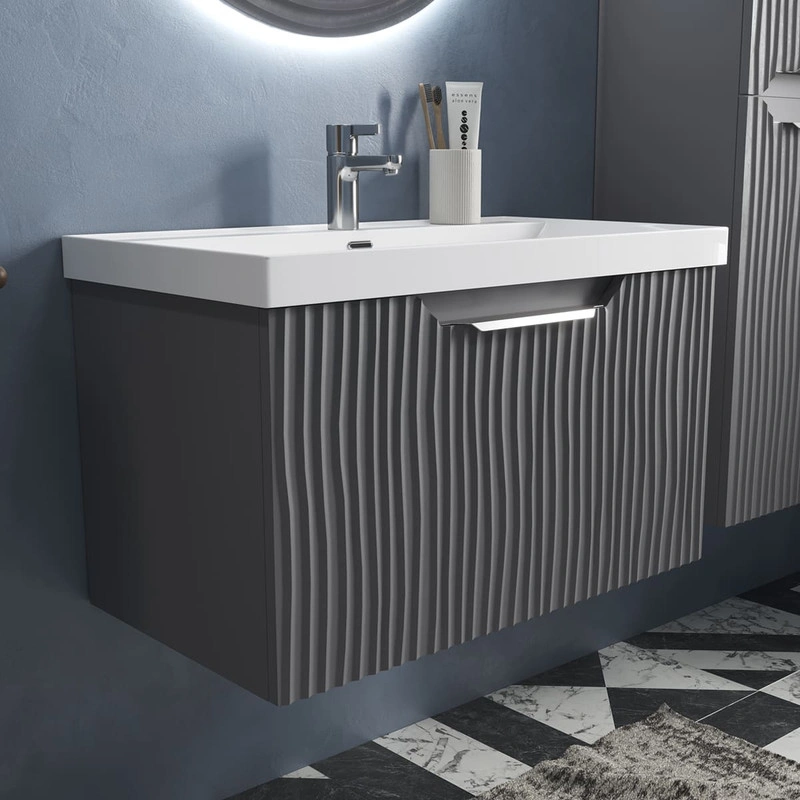 Тумба с раковиной EQUIL Mirage 80 подвесная, 1 ящик, графит софт