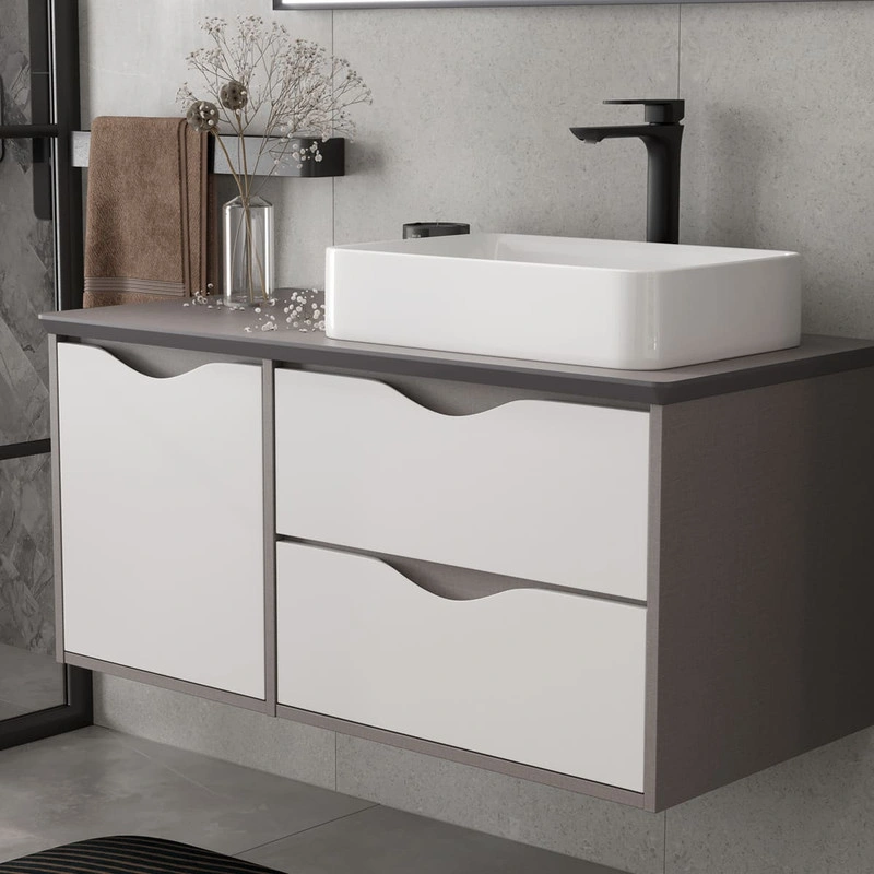 Тумба подвесная EQUIL Smile 40/60 столешница 100, раковина накладная Smile/Ferro, 2 ящика, белый/лен антрацит