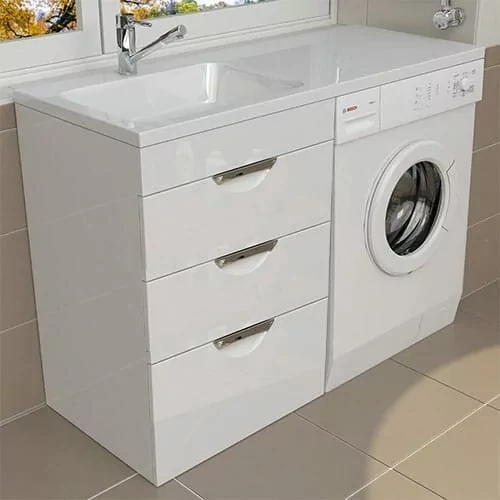 Тумба напольная Emmy Милли 47 с раковиной Аванти 110 L под стиральную машину, с 3-я ящиками, левая, белая