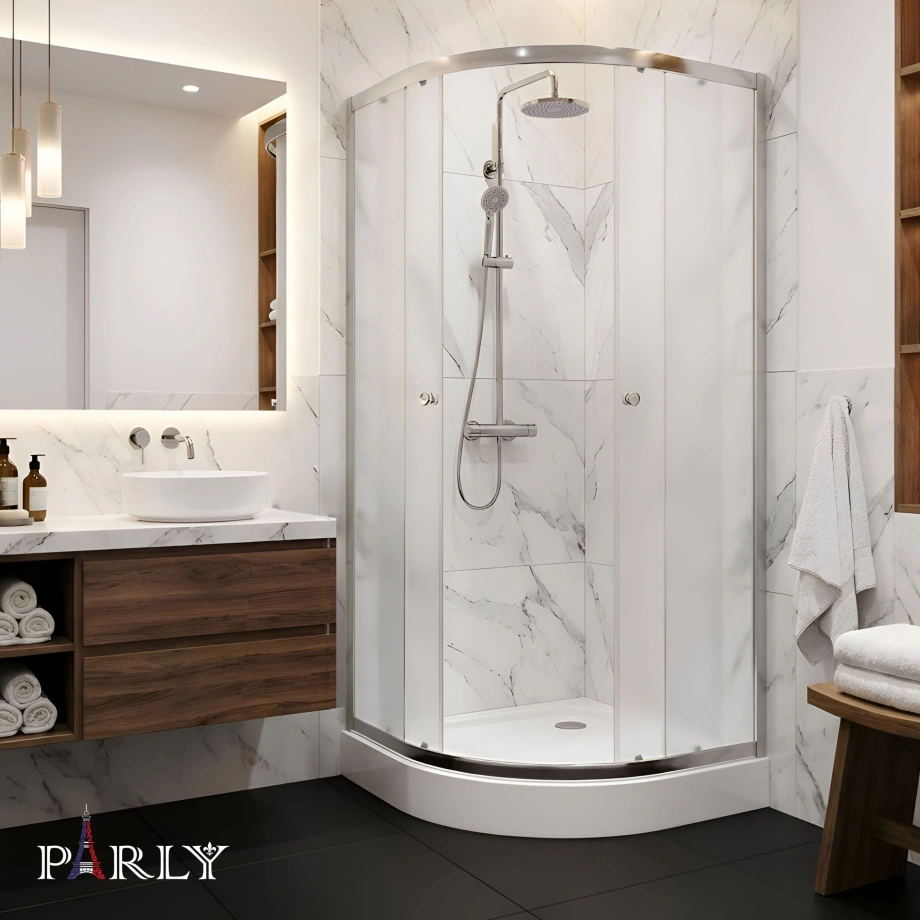 Душевой уголок Parly ZF81N  четверть круга, с низким поддоном, прозрачное стекло, хром матовый