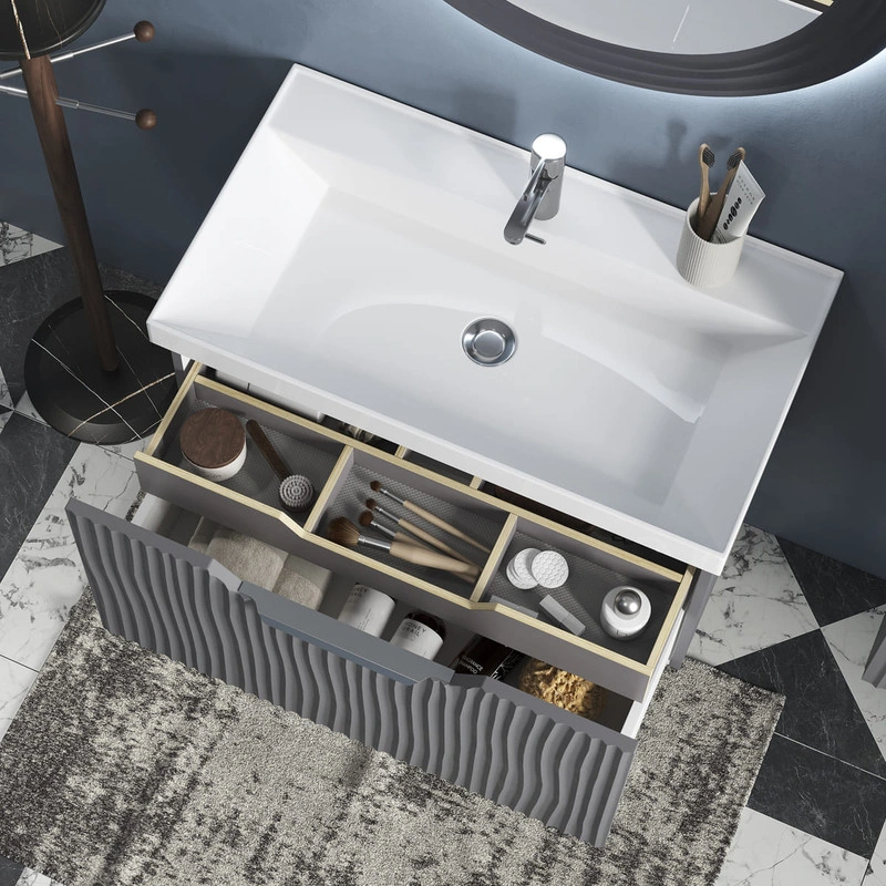 Тумба с раковиной EQUIL Mirage 80 подвесная, 1 ящик, графит софт