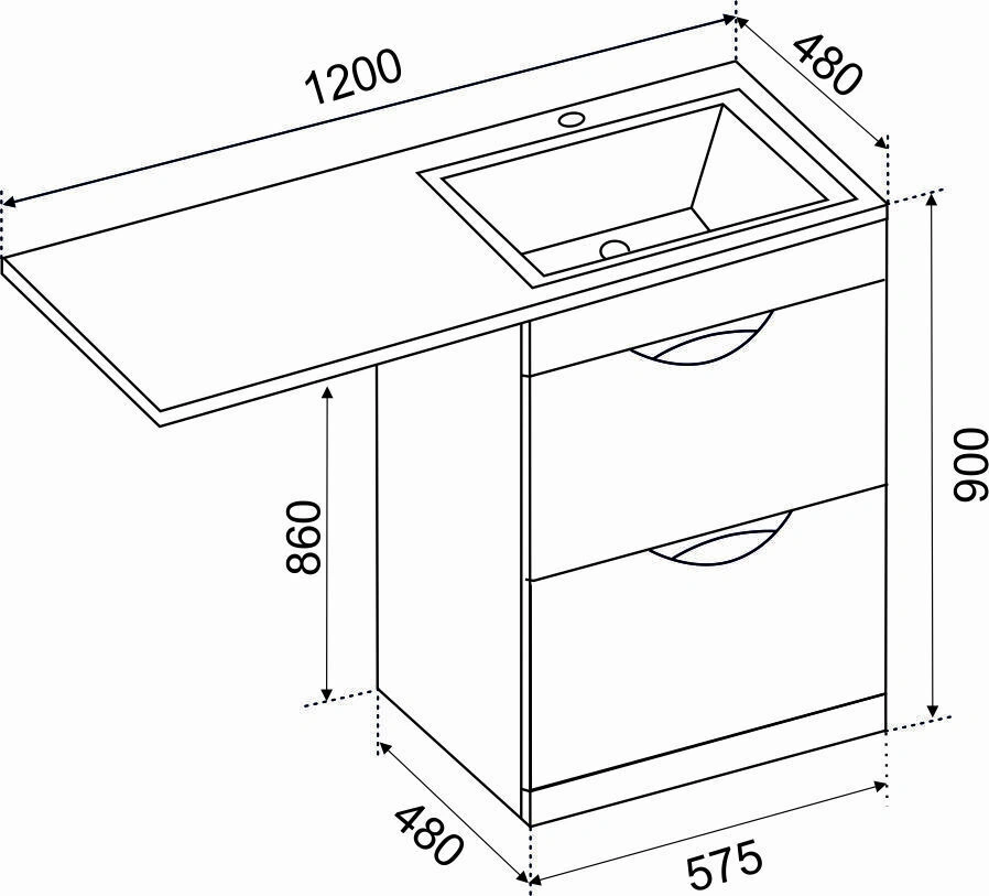 Тумба напольная Emmy Милли 57 с раковиной Аванти 120 R под стиральную машину, с 2-я ящиками, правая, белая