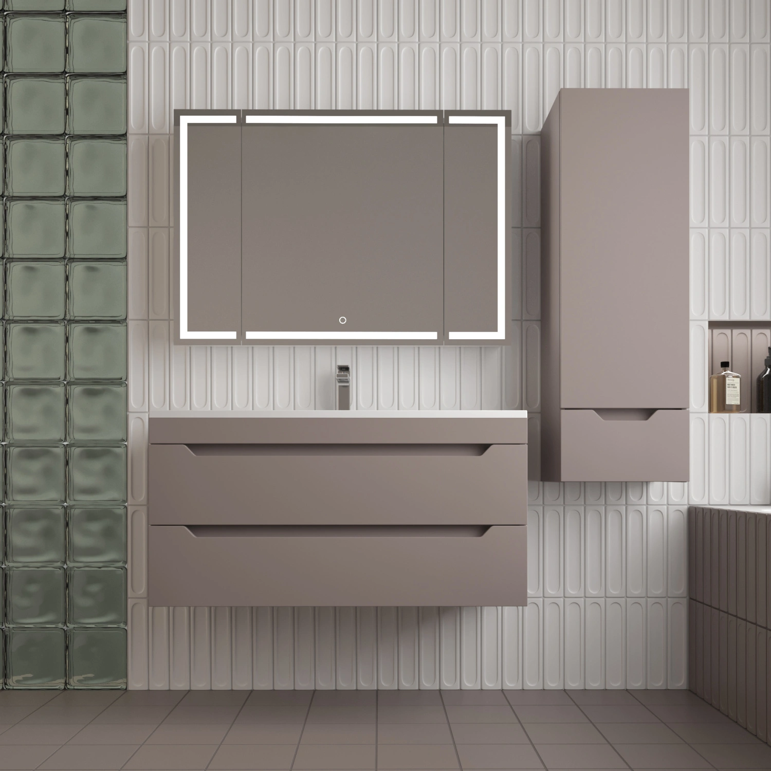 Тумба подвесная Style Line Остин 100 с раковиной Фортуна 100 серый шелк, тауп темный