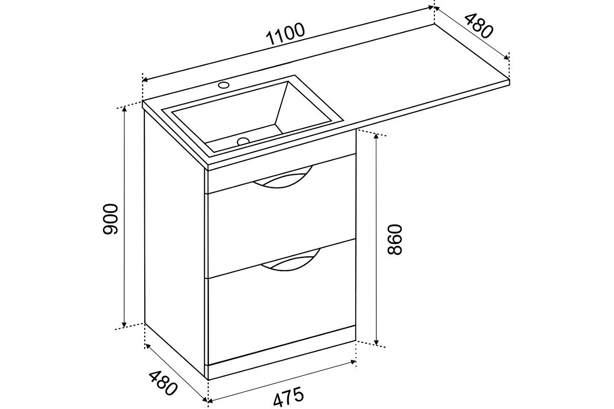 Тумба напольная Emmy Милли 47 с раковиной Аванти 110 L под стиральную машину, с 3-я ящиками, левая, белая