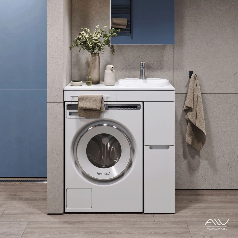Тумба со столешницей Мдф Alavann Cosmetic 85 и раковиной Art Inside, R правая, корзина, под стиральную машину, белая