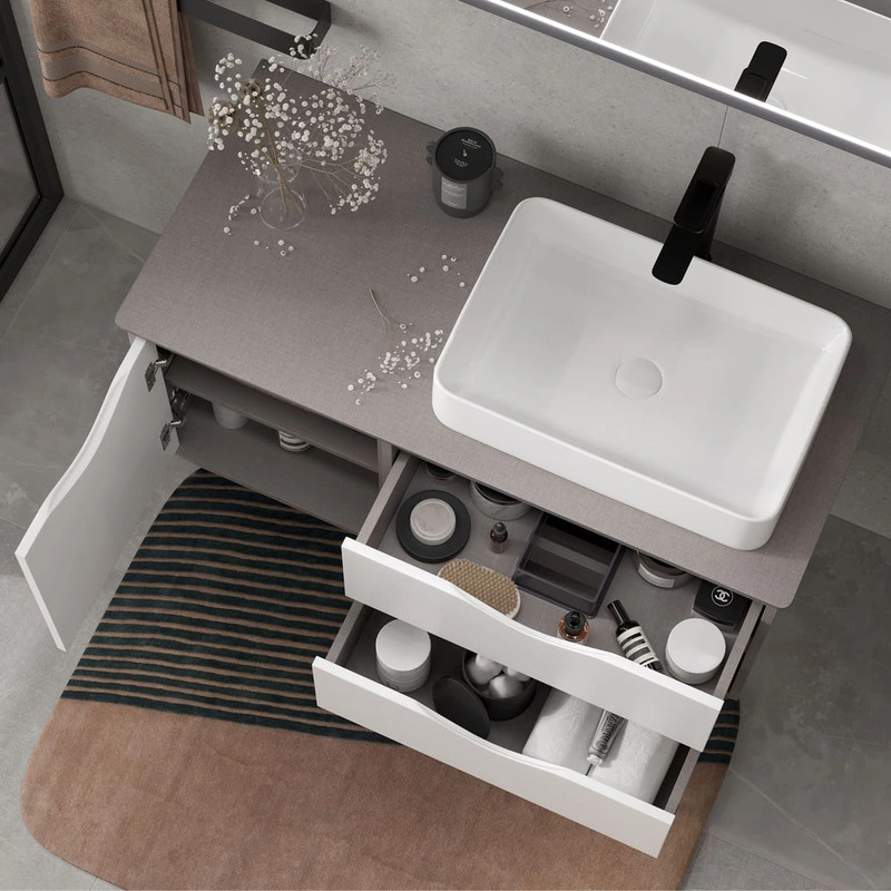 Тумба подвесная EQUIL Smile 40/60 столешница 100, раковина накладная Smile/Ferro, 2 ящика, белый/лен антрацит