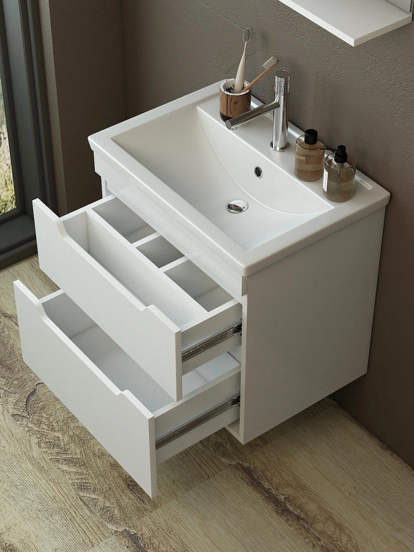 Тумба подвесная Emmy Агата 60 с раковиной Фостер 60, 2 ящика, белый