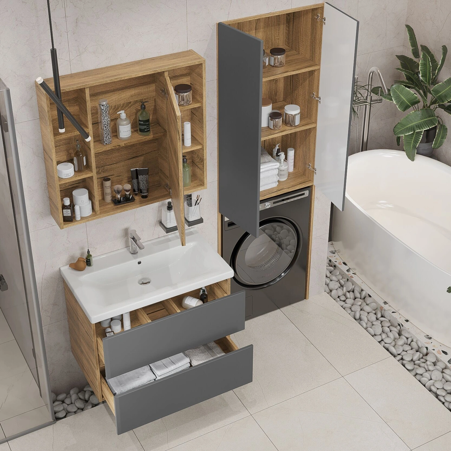 Шкаф-пенал напольный SanStar Diva/Graffa/Модена 65 для стиральной машины Дуб вотан, графит софт