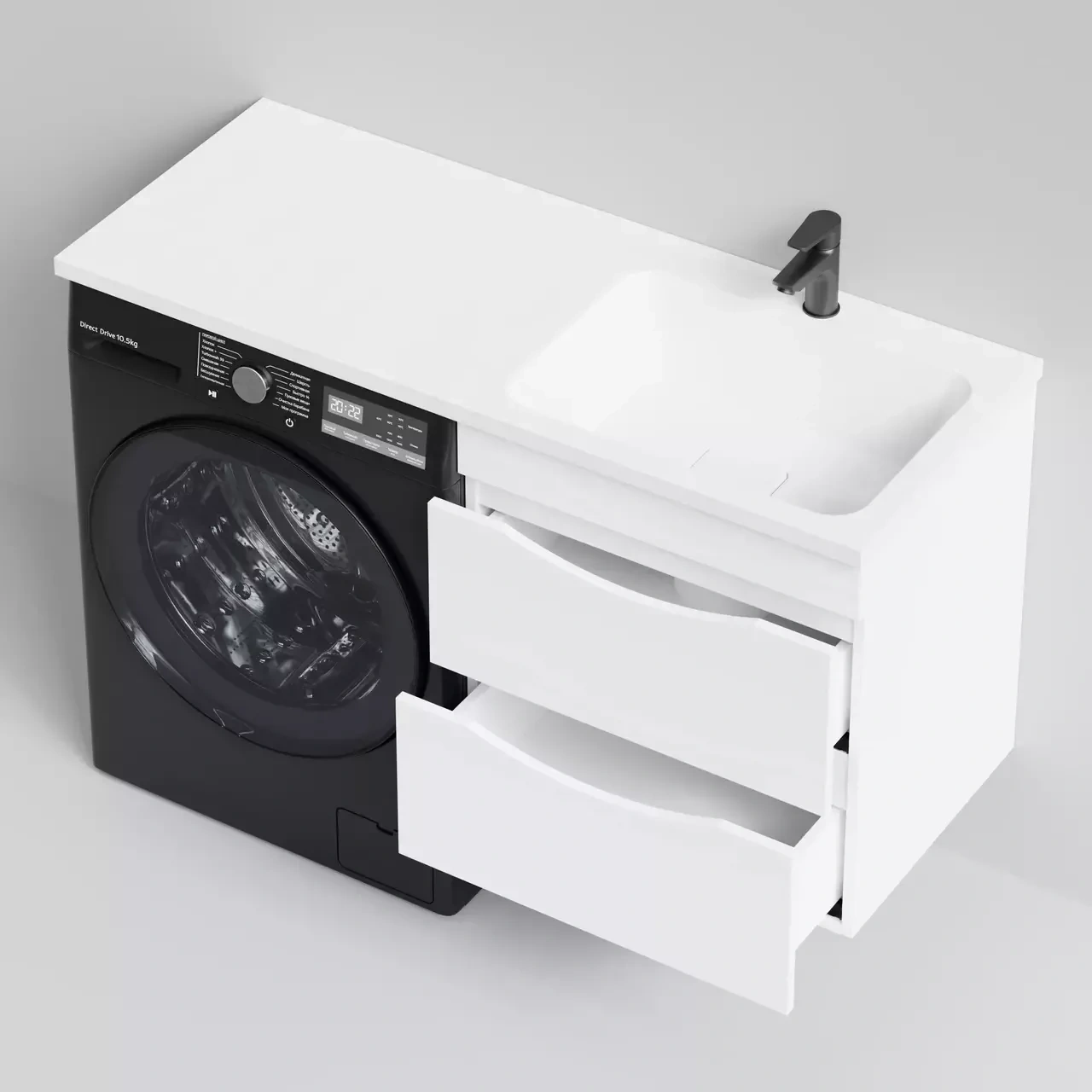 Тумба Vod-ok подвесная Vod-ok Смайл 58 с раковиной 120 под стиральную машину, правая, белая + 13 цветов