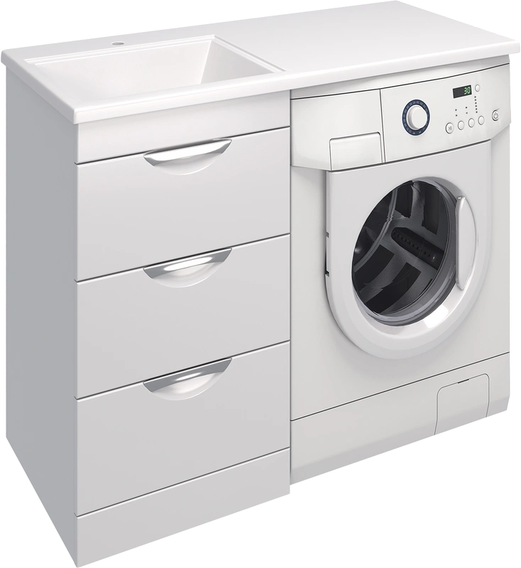 Тумба напольная Emmy Милли 47 с раковиной Аванти 110 L под стиральную машину, с 3-я ящиками, левая, белая
