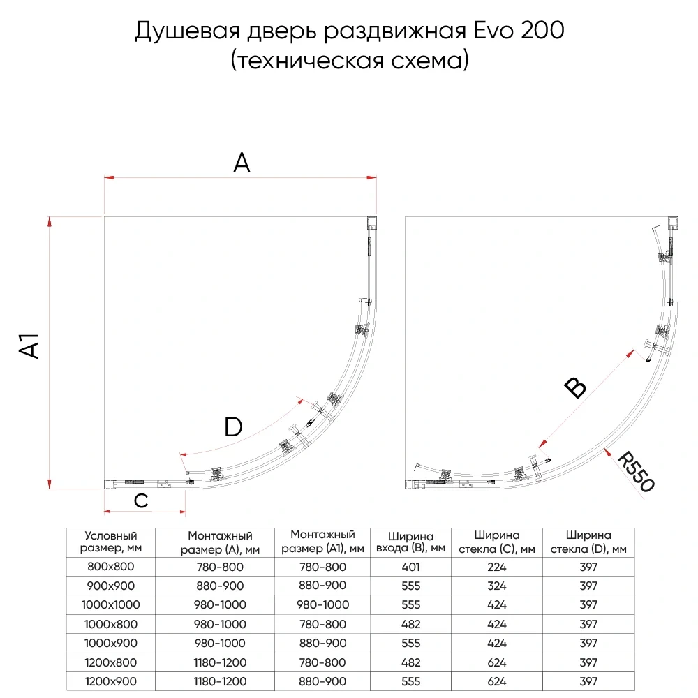 Душевой угол Veconi Evo 200 B, 1000х800x1950, черный матовый, прозрачное стекло