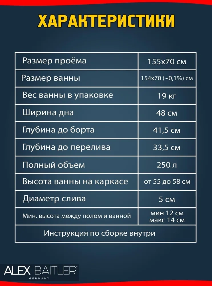 Ванна акриловая Alex Baitler Onega 155х70