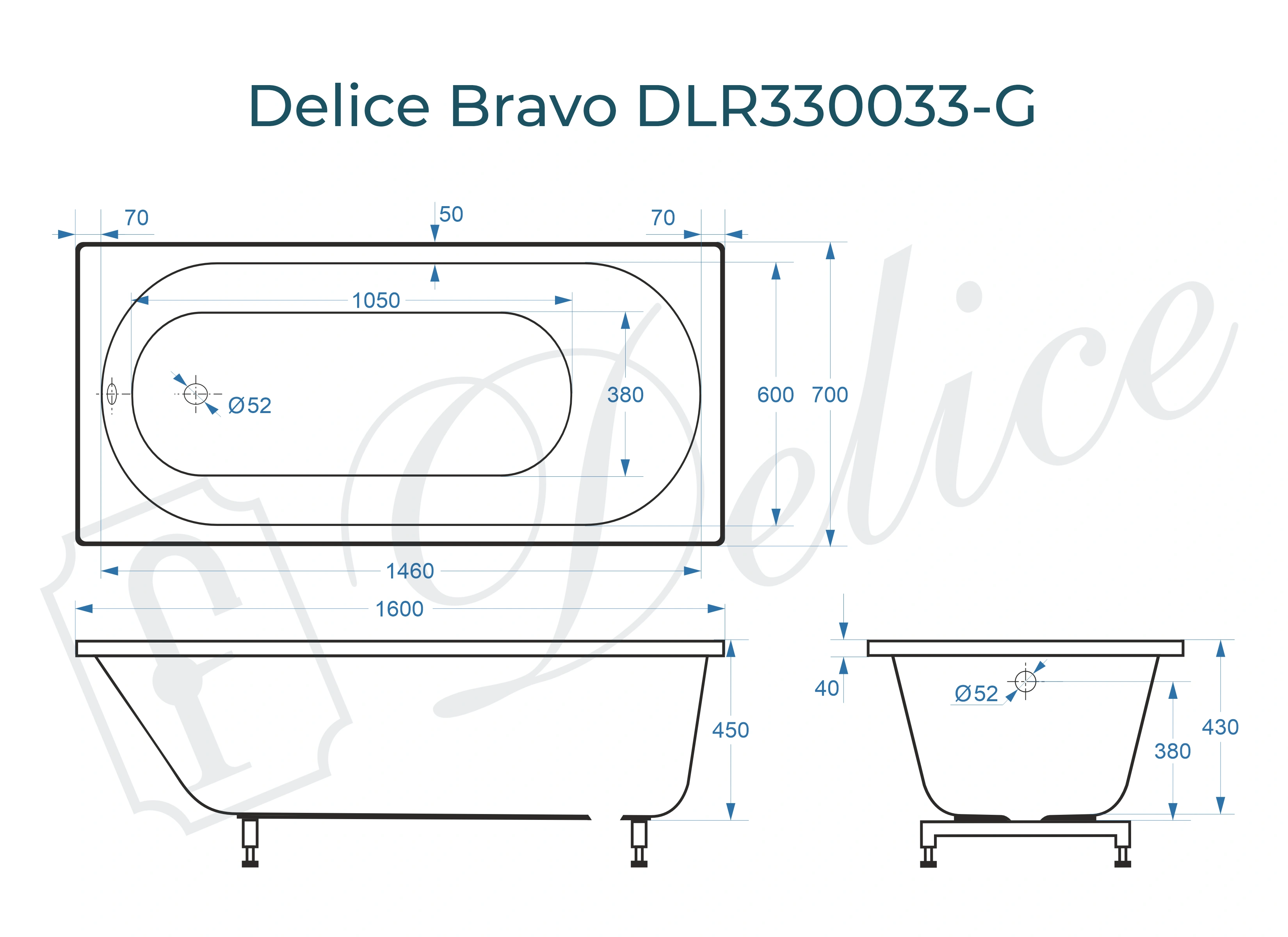 Ванна из литьевого мрамора Delice Bravo 160х70 глянцевая DLR330033-G